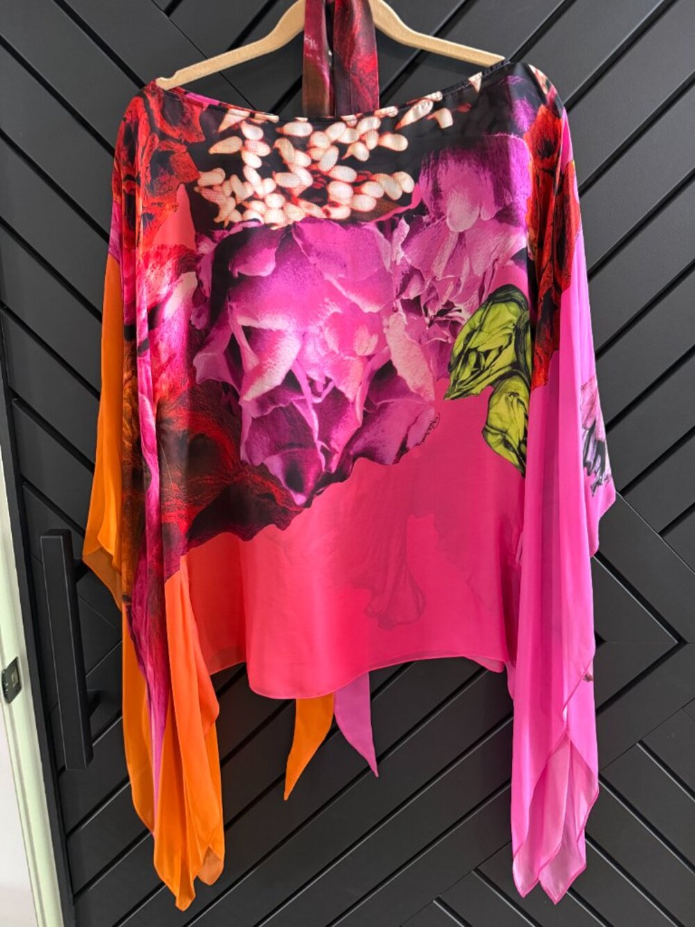 Robert Cavalli Silk Floral Print Kaftan Poncho Top Tie Front Pink Orange OS - Picture 4 of 6